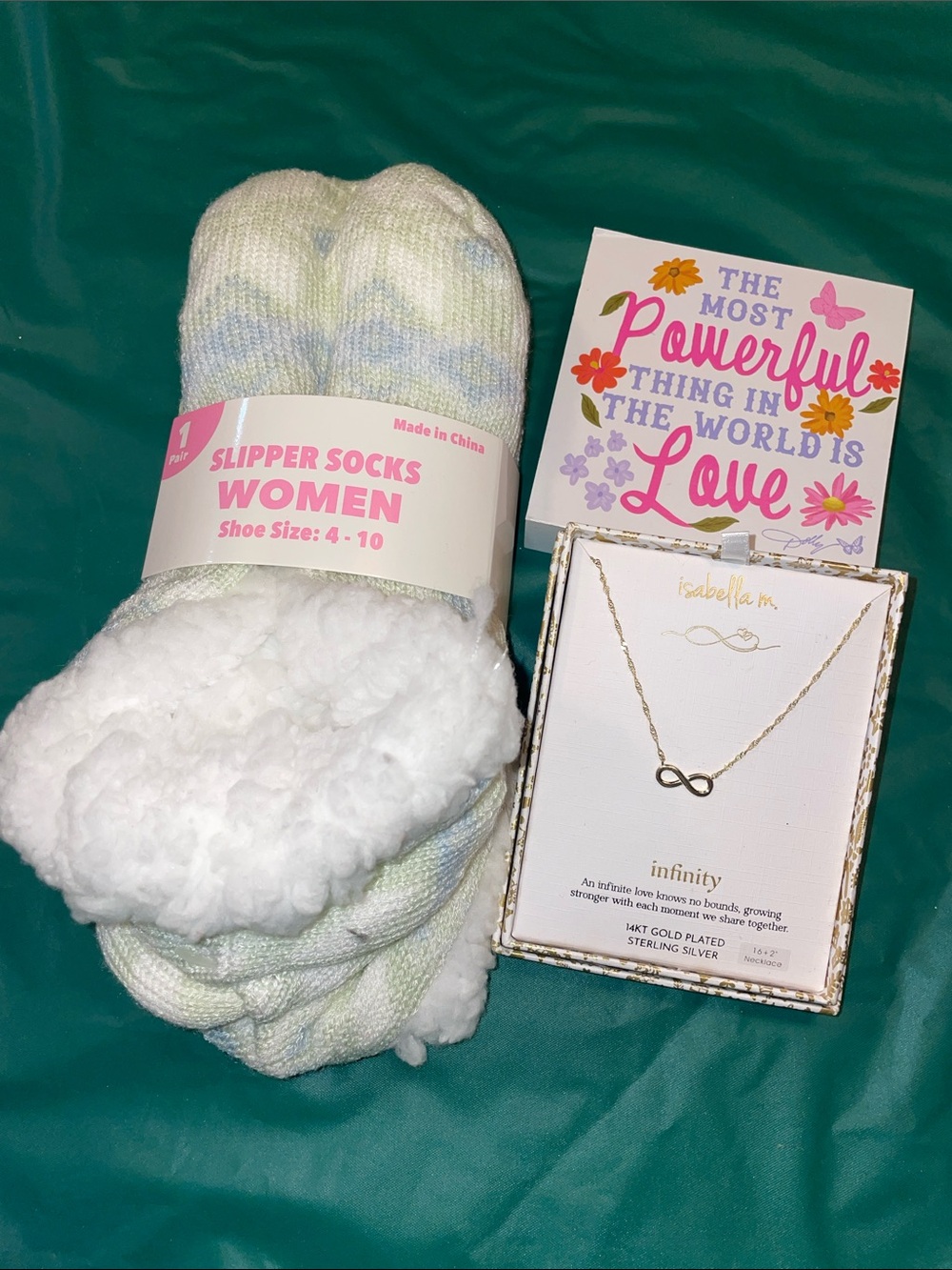 Isabella M. Gold Infinity Necklace w/Cream & Pastel Slipper Socks & Dolly sign